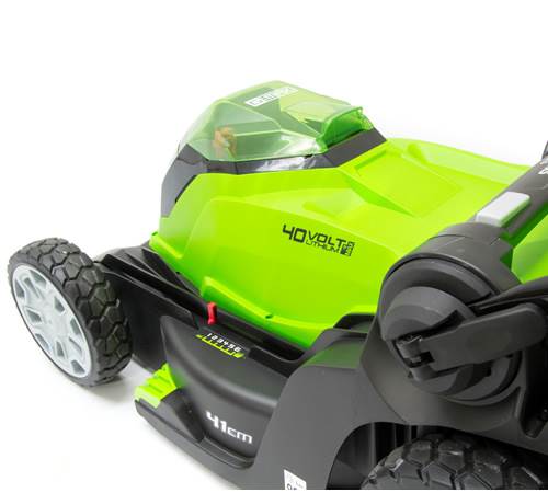 Side view of Greenworks G40LM41K2X Cordless 40v 40cm Mower c/w batteries and charger