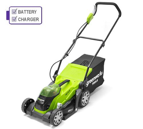 Side view of Greenworks G40LM35K2 40v Cordless mower c/w battery & charger