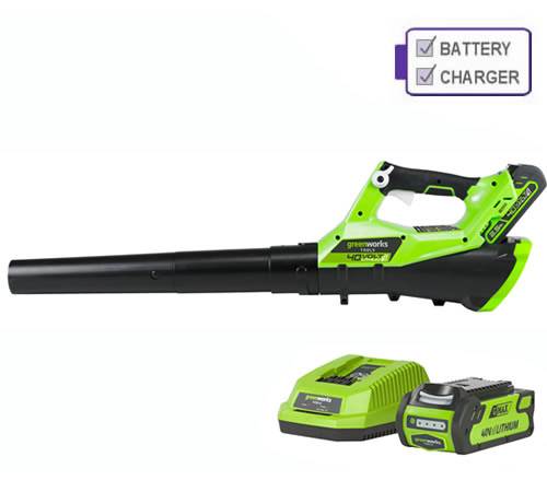 Side view of Greenworks G40ABK2 40v Axial Blower c/w battery & charger