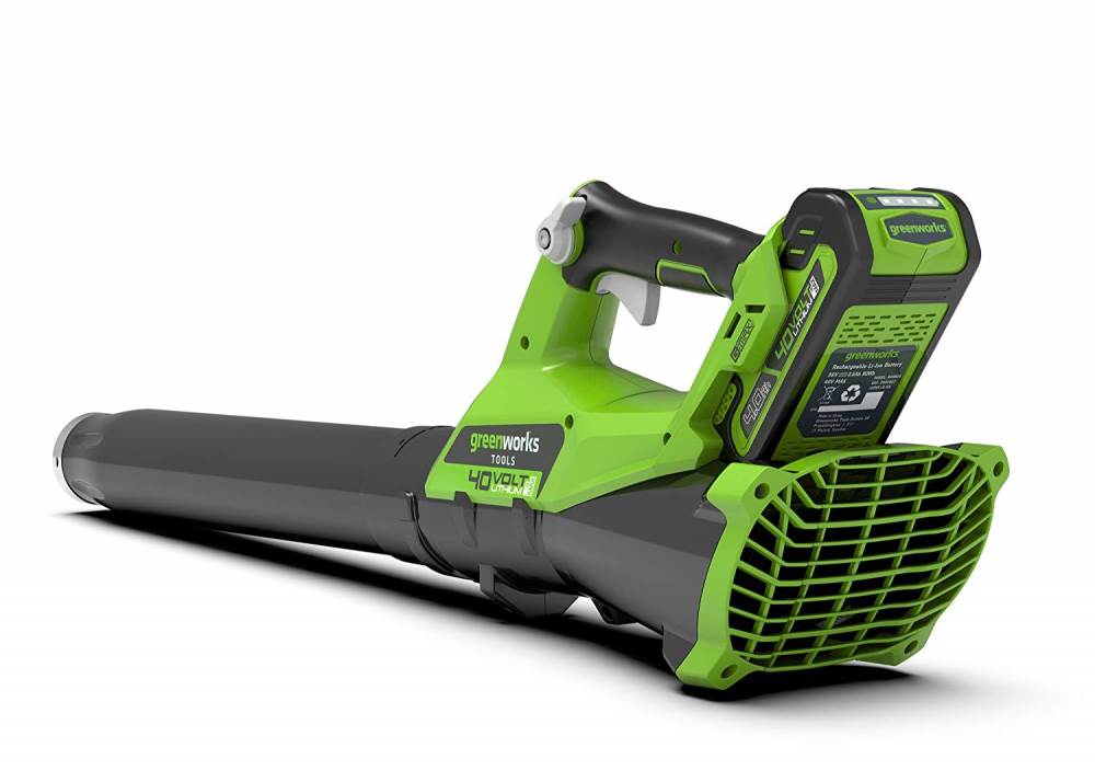 Side view of Greenworks G40ABK2 40v Axial Blower c/w battery & charger
