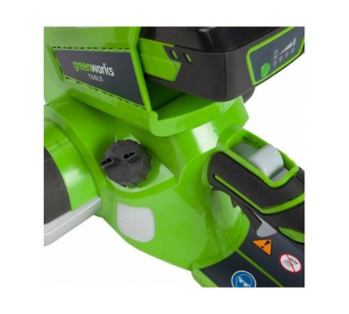 Side view of Greenworks G24CSK2 24V Chainsaw c/w battery and charger