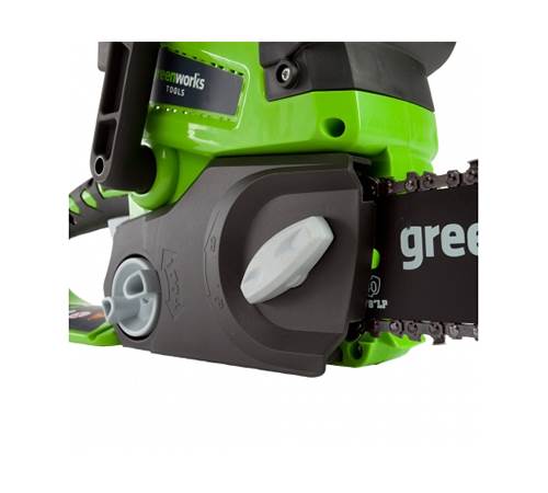 Side view of Greenworks G24CSK2 24V Chainsaw c/w battery and charger