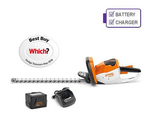 Side view of Stihl HSA 56 Cordless Hedge Trimmer with Battery and Charger