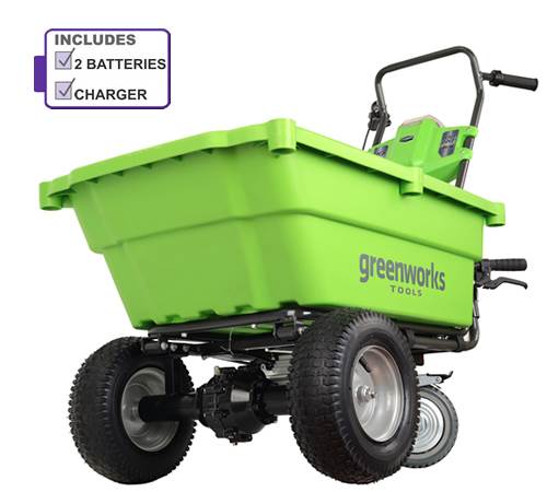 Side view of Greenworks 40v Self-Propelled Cart with 2 x batteries and charger