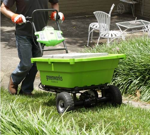 Side view of Greenworks 40v Self-Propelled Cart with 2 x batteries and charger