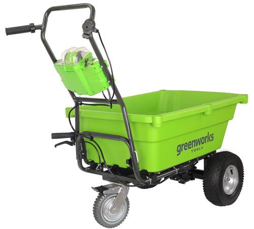 Side view of Greenworks 40v Self-Propelled Cart with 2 x batteries and charger