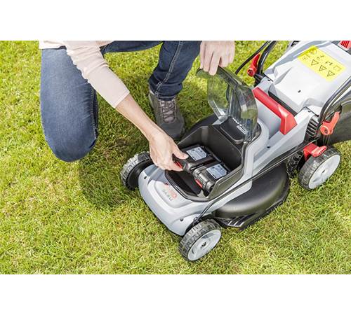 Side view of AL-KO Easy Flex 34.8 Li Cordless Lawnmower with 2 x Batteries and Charger
