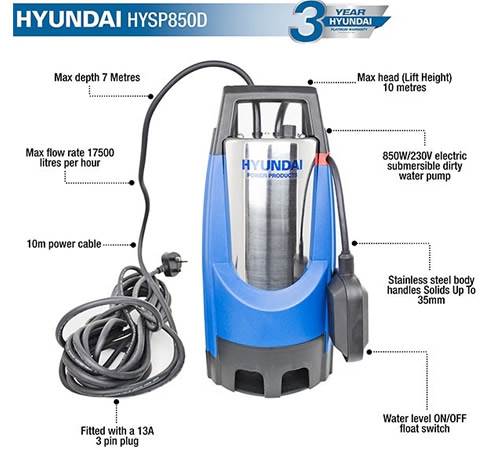 Side view of Hyundai HYSP850D Submersible Electric Water Pump