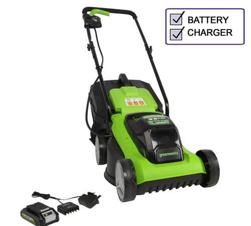 Side view of Greenworks 24V Cordless Mower GD24LM33K2 c/w Battery and Charger