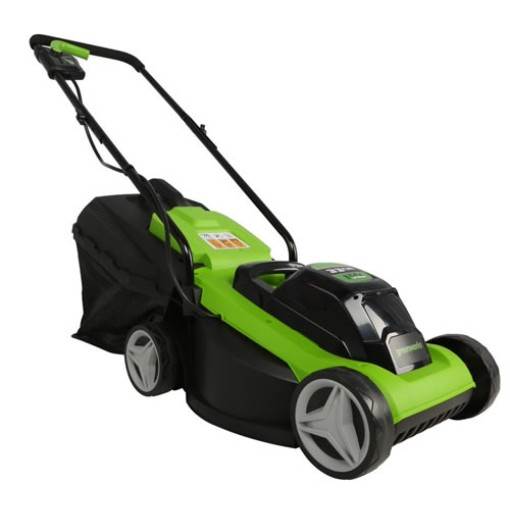 Side view of Greenworks 24V Cordless Mower GD24LM33K2 c/w Battery and Charger