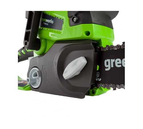 Side view of Greenworks G24CSK2 24V Chainsaw c/w battery and charger